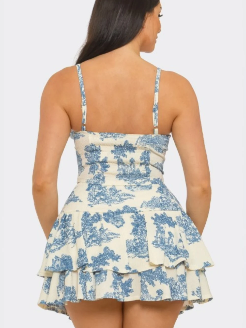 Blue Toile Print Corset Style Top & Tiered Skirt Set - Picture 4 of 5
